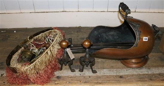 Helmet shaped copper scuttle, pair of fire dogs,irons & rise & fall light